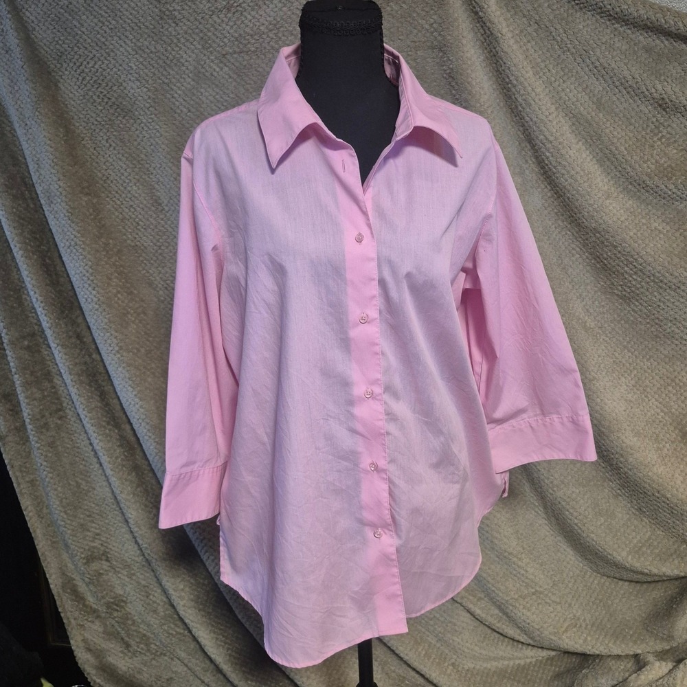 Foxcroft Wrinkle Free Shaped Fit Pink Button Down Shirt 3/4 Sleeve Womens 14W